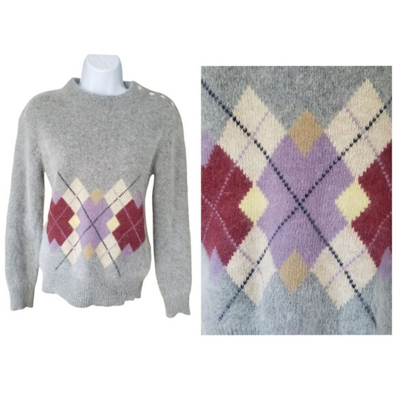Vintage 1980 Filene's SM Lambswool Angora Argyle Sweater Shoulder Buttons Preppy - Picture 13 of 13